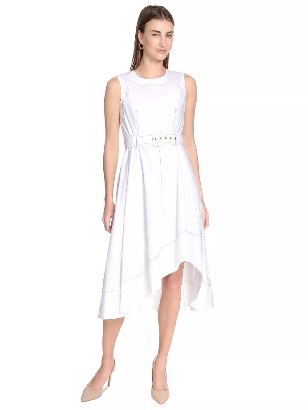 Calvin Klein Women's Belted Sleeveless Asymmetric-Hem Dress White Size 16